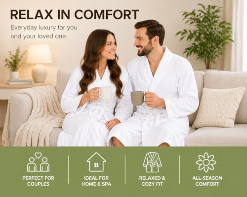 BIOLINEN White Cotton Shawl Collar Bathrobe with Slippers, One Size