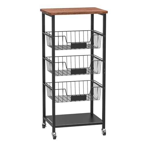 5-Tier Kitchen Storage Cart with Baskets and Wood Top - Rolling Utility Organizer