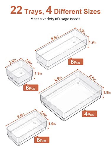 Large Clear Drawer Organizer Set - 22 PCS, 4 Sizes for Kitchen, Bathroom, Office
