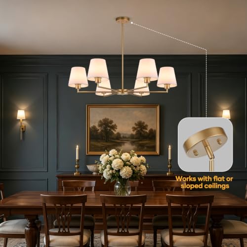 Lynnoland Brushed Gold & White Fabric Shade Chandeliers 36" No Assembly