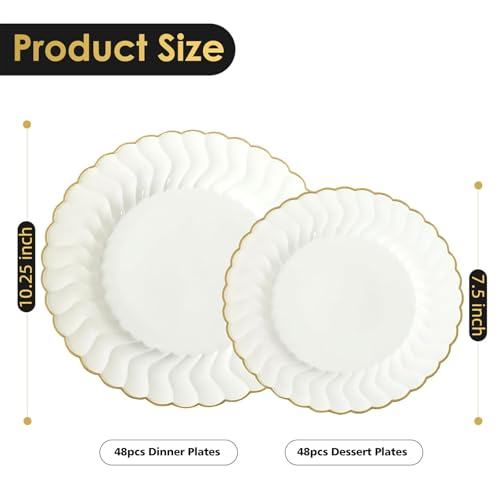 Ivory Scalloped Plastic Plates with Gold Rim - 96pcs Party & Wedding Set - Ivory 96pcs