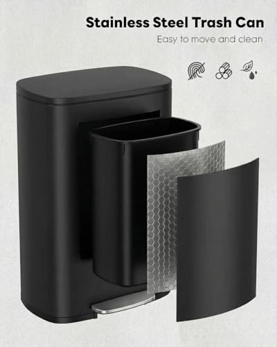 Black Stainless Steel 13.2+1.3 Gallon Trash Can Set with Pedal and Soft-Close Lid