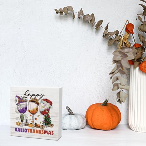 Happy Hallothanksmas Wood Decor Fall Halloween Thanksgiving Christmas Wine Decorations Gifts for Women Men Harvest Autumn Wood Decorations Sign for Home Farmhouse Office Desk Shelf 5 x 5 Inches