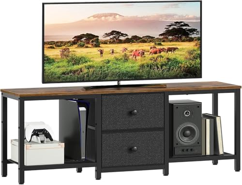 YATINEY TV Stand for 55-Inch TVs with 2 Fabric Drawers Rustic Brown & Black DS02BR