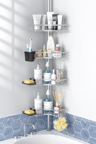 Aitatty Chrome Adjustable Shower Caddy Tension Pole Rustproof Corner Bathroom Shelves