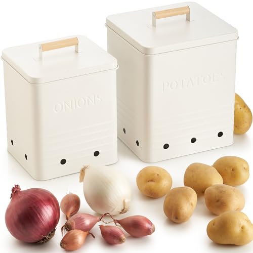 Cream Metal Potato and Onion Storage Container Set - Food Safe Kitchen Bins