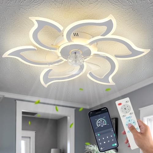 SIJINCHEN 33.5 Inch White Flower Ceiling Fan with Lights & Remote - Modern Low Profile Flush Mount Fan for Bedroom & Kitchen