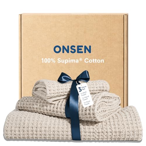 ONSEN Supima Waffle Bath Towel Set - Oatmeal, 3-Piece