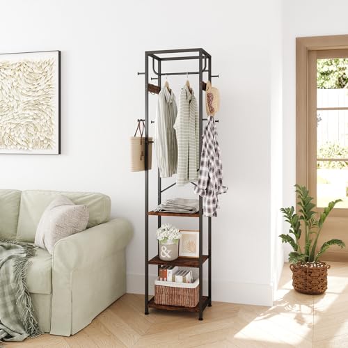 ELYKEN Rustic Brown Freestanding Coat Rack with Shelves & Hooks - Modern Hall Tree