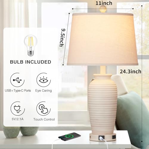 CINSARY Cream Farmhouse Jar Table Lamps Set of 2 with USB & Outlets, 3-Way Touch Control, Rustic Bedside Lamps for Bedroom & Living Room