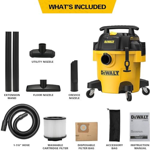 Wet Dry Vacuum Cleaner - 5 Gallon, 4 Peak HP, Yellow, with Attachments & 1-7/8" Hose - Portable Shop Vac
