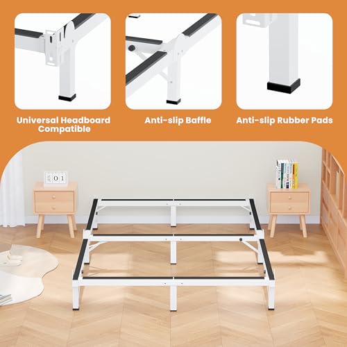 White Queen Metal Bed Frame 8-Inch Support with 9 Legs, Folding Design