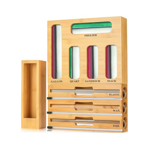 9-in-1 Bamboo Drawer Organizer for Food Wraps & Storage Bags with Cutter