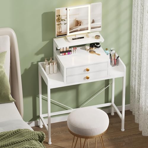 HIGDBFE White Vanity Desk with Mirror & LED Lights, 28.4"W Small Makeup Station
