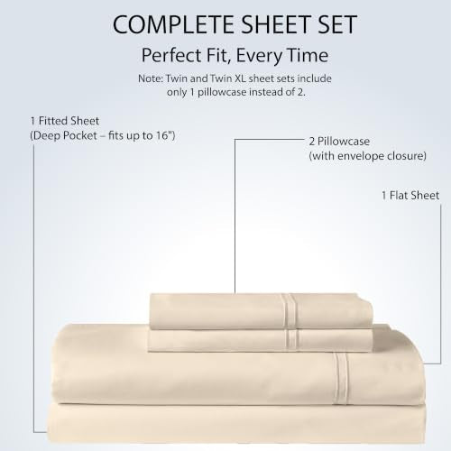 Queen Size Cotton Sateen Bed Sheet Set - 500 TC Cream Beige - 4 Pieces