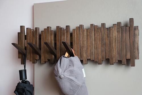 GOGREEBELL Walnut Color Wall Mount Coat Rack with 7 Hooks - Handmade Acacia Wood Entryway Organizer