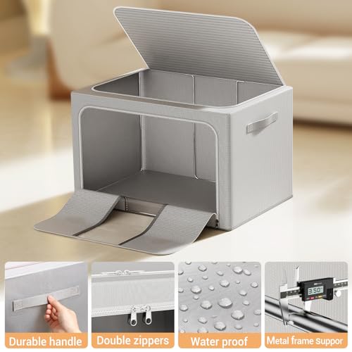 Light Gray Foldable Clothes Storage Bins with Metal Frame 66L - 3 Pack