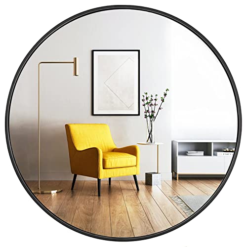 Oruii 24 Inch Black Round Mirror with Matte Black Metal Frame - Wall Mountable