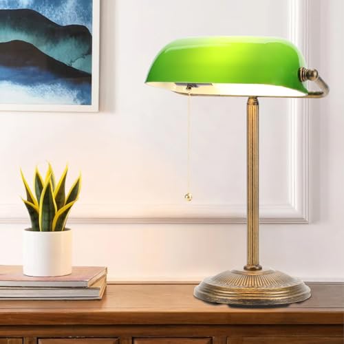 Small Retro Gold Green Glass Bankers Desk Lamp with Pull Chain Switch