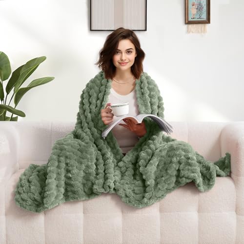 Excervent Flannel Fleece Throw Blanket(40x50 inches)for kids and pets, Big 3D Clouds Stylish Hexagon Jacquard Decorative Fuzzy Blankets for Household, Camping, and Travel, Super Soft Cozy, Sage Green