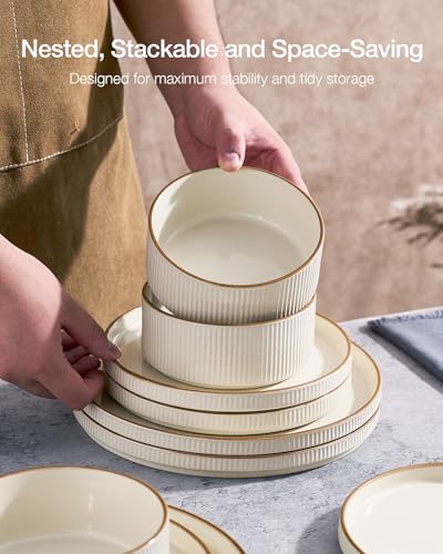 Famiware Plates and Bowls Set with Rim, Stoneware Dinnerware Sets for
