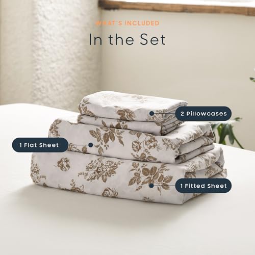 King Floral Bed Sheets Set - Brown Taupe Botanical Bedding with Deep Pocket - Wake In Cloud