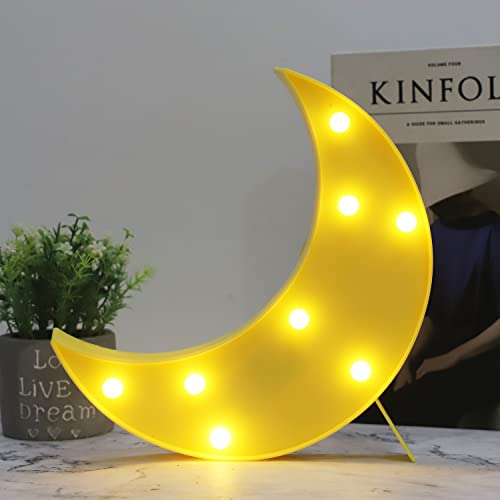LED Moon Shaped Marquee Signs, Light Up Night Lights Battery Operated Crescent Moon Lamp for Bedroom, Christmas, Birthday Party Decor - Yellow