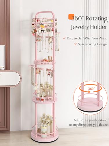 Pink Rotating Jewelry Organizer Stand with Earring, Necklace & Bracelet Storage