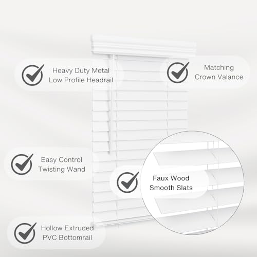 35x60 Inch Faux Wood Cordless Window Blind - Bright White, 2 Inch Slats
