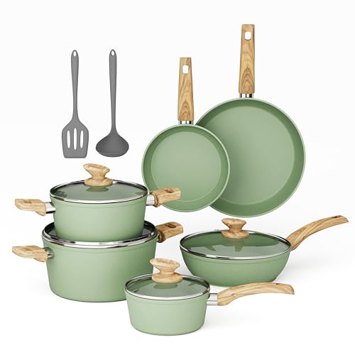 MAISON ARTS 12-Piece Green Non-Stick Cookware Set with Fry Pans, Saucepan & Utensils