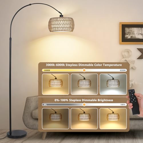 Bohemian Arc Floor Lamp with Rattan Shades, Dimmable LED, Remote Control, Tall Farmhouse Standing Light for Living Room