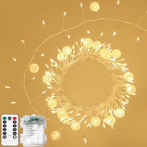 Battery Powered Fairy Lights with Remote, 100 LED Cluster Lights Christmas Waterproof Twinkly Globe String Lights for Christmas Tree Copper Wire Firecracker Light for Bedroom Indoor Decoration