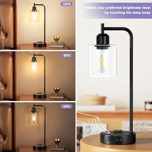 Innqoo A-Clear Industrial Touch Bedside Lamps Set of 2, Dimmable Nightstand Lights with USB and Outlet