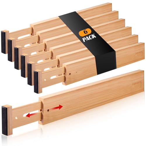 Fabsome Bamboo Drawer Dividers 6 Pack for 17-22 inch Deep Drawers - Adjustable Nursery & Clothing Organizer