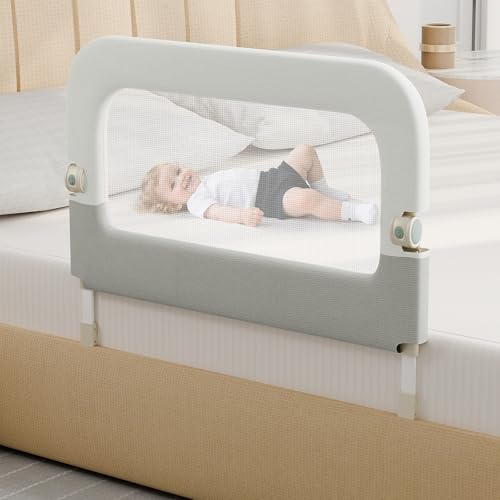 Omzer 32-Inch Foldable Toddler Bed Rail Guard - White with Grey Safety Side for Baby