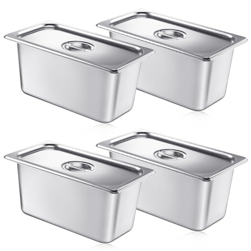 4 Pack 1/3 Size x 6 Inch Deep Stainless Steel Steam Table Pans with Lids - Restaurant & Catering Use