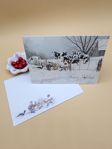 Farmhouse Christmas Cards Set of 14 - Snowy Cow & Kids Holiday Greeting Cards
