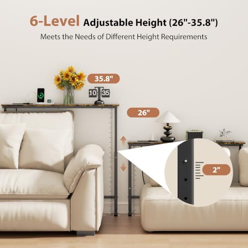 GRLEAF Rustic Brown 78-Inch Adjustable Console Table with Power Outlets – Narrow Sofa & Entryway Table