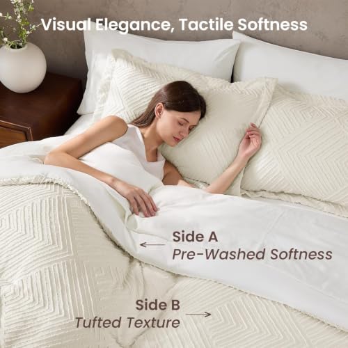 JOLLYVOGUE Queen Comforter Set 7-Piece Boho Tufted Bed in a Bag Beige & White, Queen (88"x88")