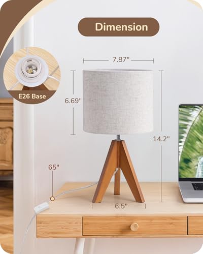 EDISHINE Small Tripod Bedside Table Lamp - Light Brown Wooden Design, 14.2 Inch, E26 Base