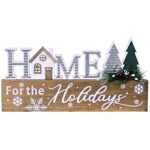 Wooden Christmas Sign Blocks, HOME for the Holiday Quote Table Decor, Xmas Centerpiece Block Sign with Snowflake & Pine Tree, Office Desk Mantle Decoration (BROWN)
