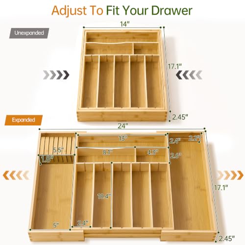 Fyctio Natural Bamboo Expandable Silverware Drawer Organizer with Removable Knife Block