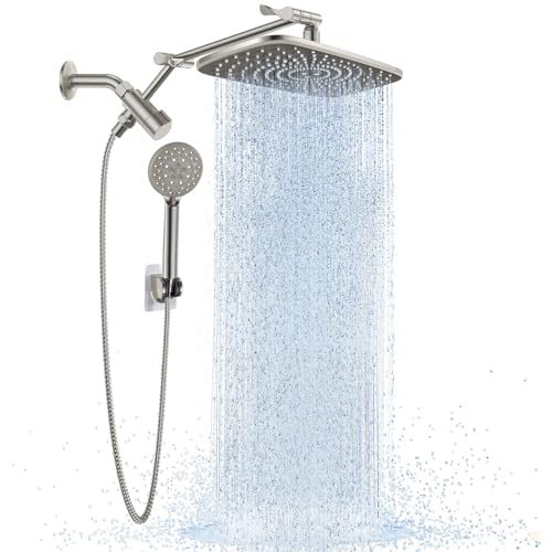 Veken 11.8-Inch Brushed Nickel Rainfall Shower Head with Handheld & Extension Arm - High Pressure