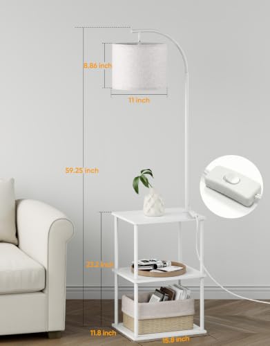 PARTPHONER White Floor Lamp with Table and Storage Shelves - Modern Nightstand with 3CCT LED Bulb