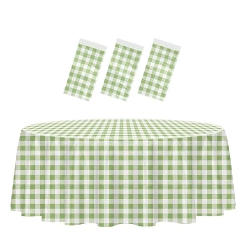 HEIPINIUYE 3 Pack Sage Green Gingham Tablecloth Disposable 84 x 84 Inch Sage Green and White Plaid Plastic Table Cover Disposable Round Table Cloth for Party Birthday Picnic Checkered Tablecloths