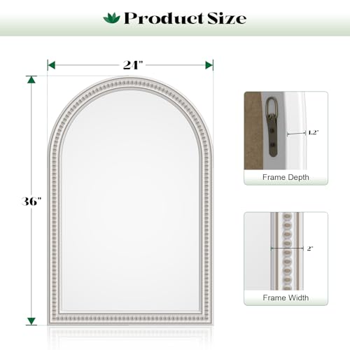 White Farmhouse Arched Wall Mirror 24x36 with Beaded Wooden Frame - Rustic Boho Decor