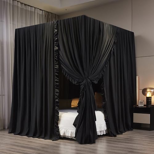 Mengersi King Size Black Canopy Bed Curtains Elegant Bedroom Decoration