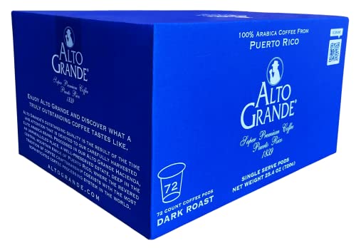 Alto Grande Puerto Rico Arabica Coffee Pods 72 Count Medium-Dark Roast - Compatible with Keurig