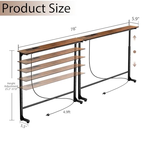 Keelian 78-Inch Adjustable Height Behind Couch Table with Outlets - Rustic Brown Sofa Console