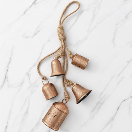 30 Inch Gold Distressed Copper Christmas Bells – Handmade 5-Bell Cluster by Degeyoyo (Rust Gold / 1Pack)